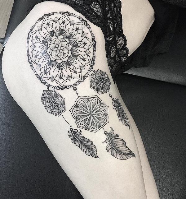 dreamcatcher with mandala thigh tattoo ideas for women
