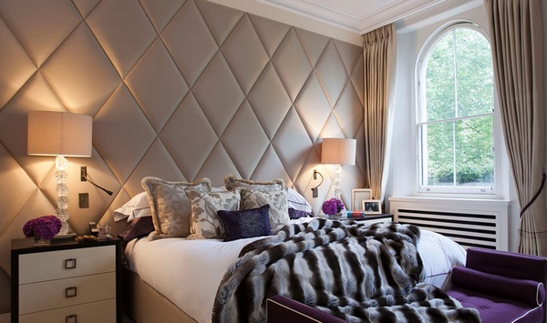elegant master bedroom with diamond shaped fabric panels