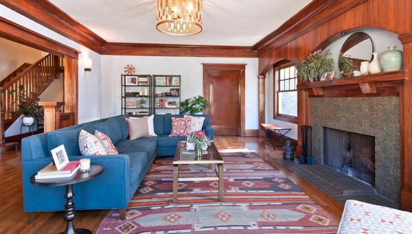ethnic carpets aztec rug in living room design blue sofa