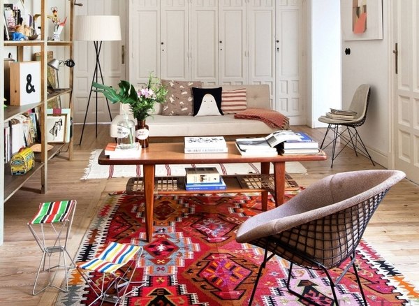 ethnic rug in living room interior design wall shelves