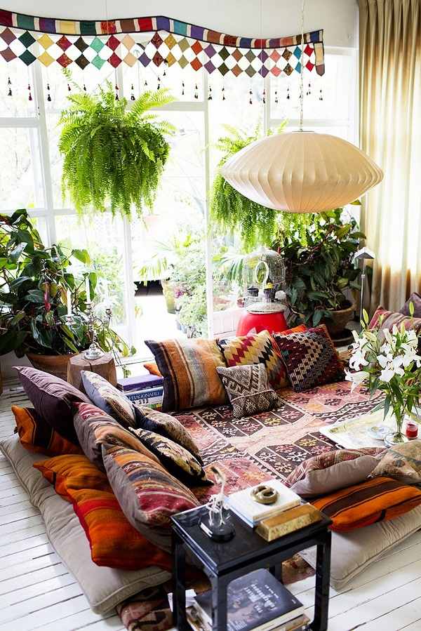 ethnic rugs bohemian style interior colorful floor cushions