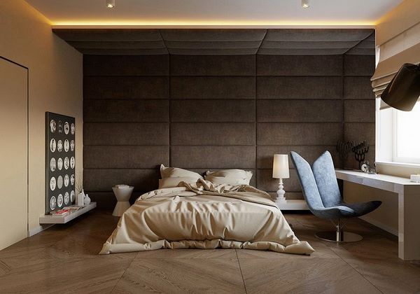 modern brown upholstered wall panes in bedroom design