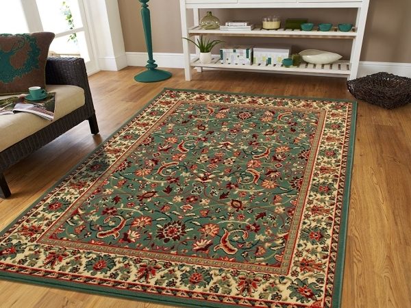 persian rug modern living room wood flooring open shelves