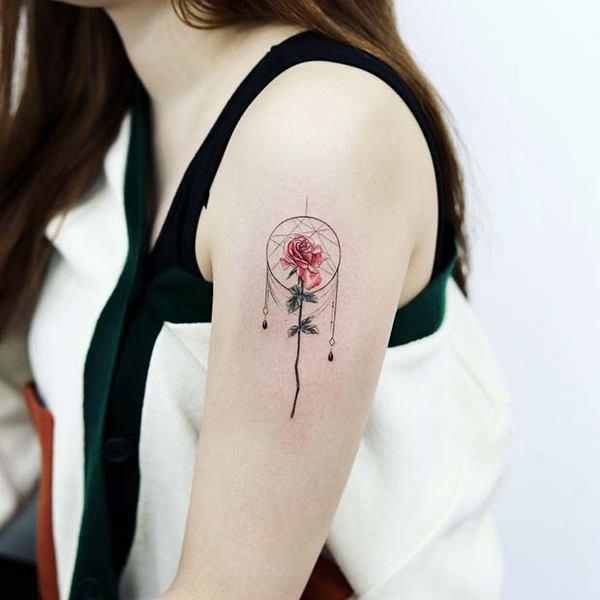 shoulder tattoo rose and dream catcher design