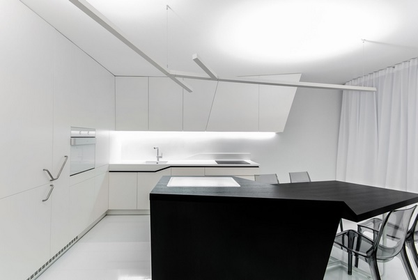 Futuristic kitchen in black and white geometric lines and shapes
