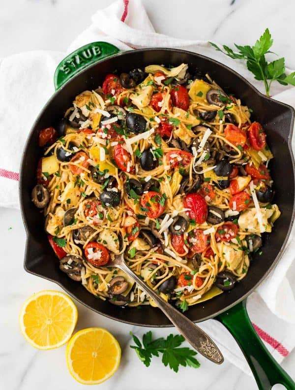 Mediterranean style pasta with artichoke tomato and garlic