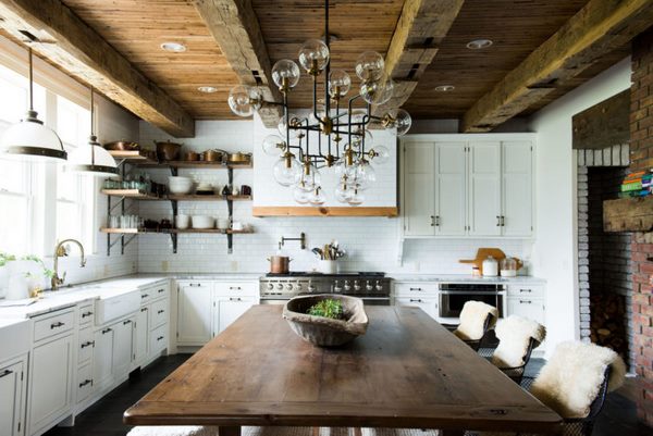 Modern farmhouse style kitchen renovation ideas white cabinets wood ceiling