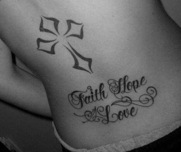 back tattoo ideas cross and text