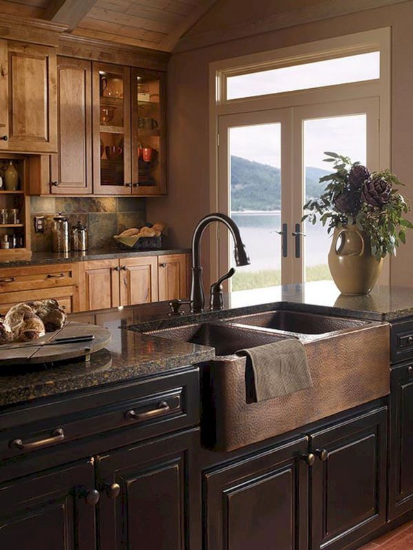 farmhouse kitchen design ideas copper sink wood cabinets