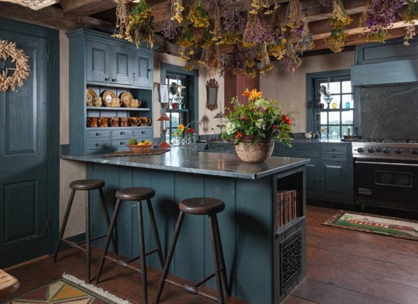 farmhouse kitchen interior design ideas blue cabinets exposed ceiling beams