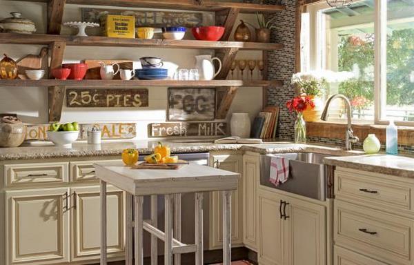 farmhouse style kitchen with apron sink and open shelves