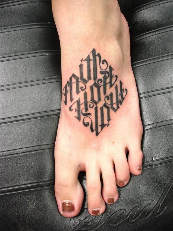 original faith hope love ambigram tattoo design on foot