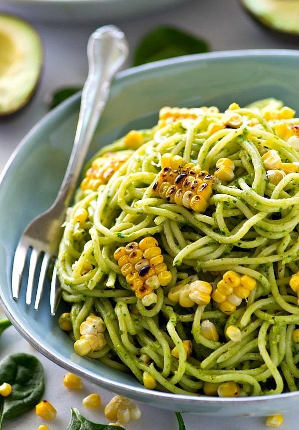 vegetarian recipes ideas spaghetti with avocado pesto and grilled corn
