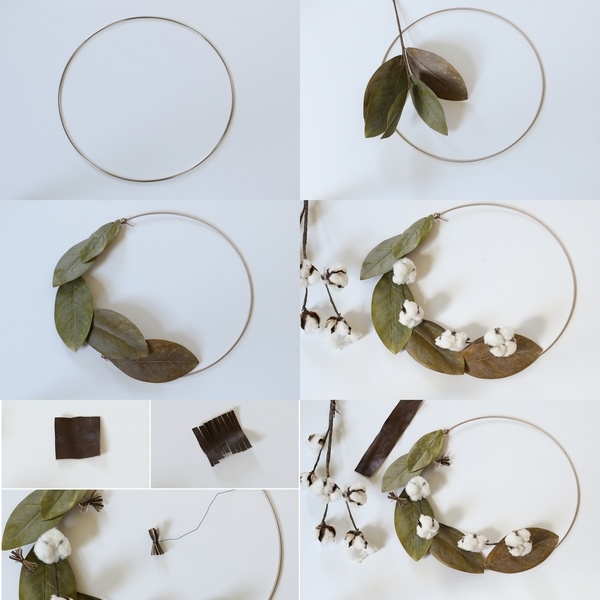 DIY Magnolia and cotton wreath tutorial step by step
