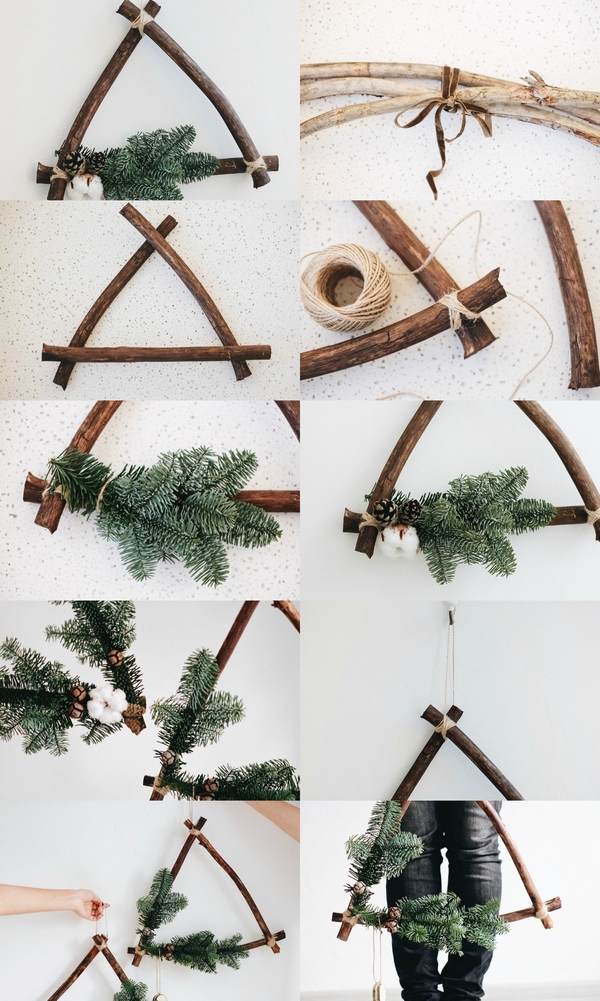 DIY triangular Christmas wreath with cotton