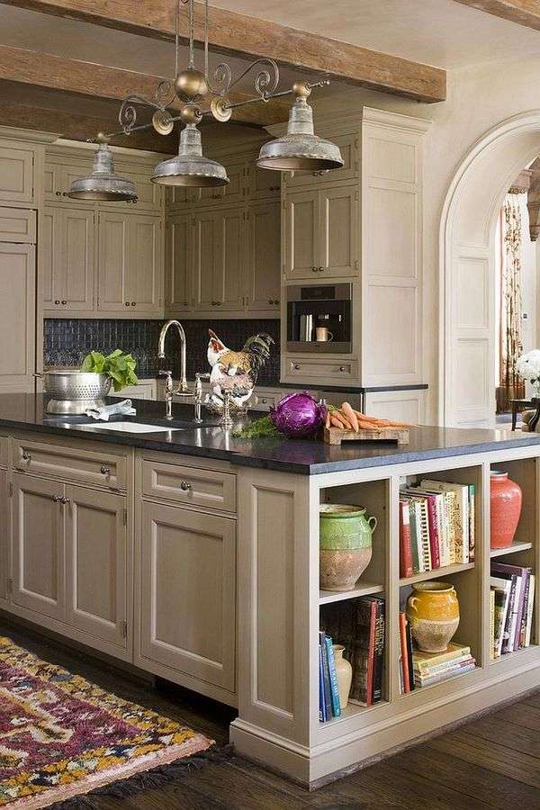 Open shelves kitchen island rustic interior accents ceiling beams