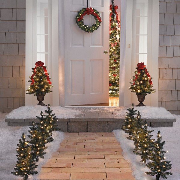christmas home entrance decoration artificial snow lights prelit trees