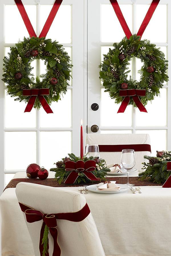 christmas wreaths on french doors hanger ideas red ribbons