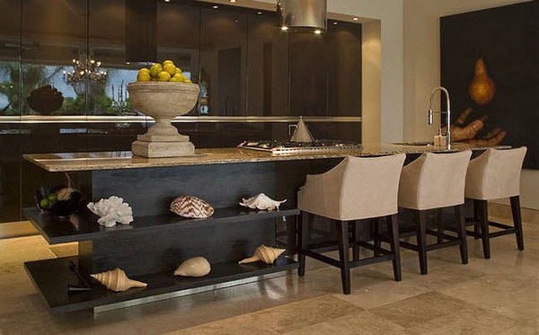 contemporary kitchen ideas black island with seating and open shelves