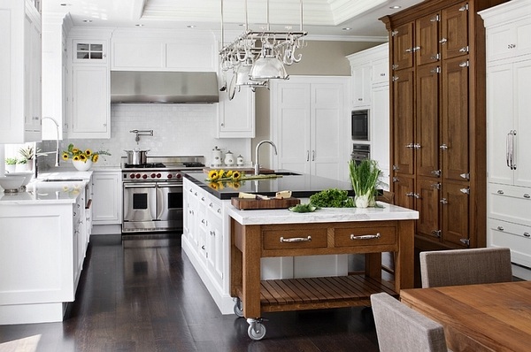 contemporary white kitchen with island on wheels
