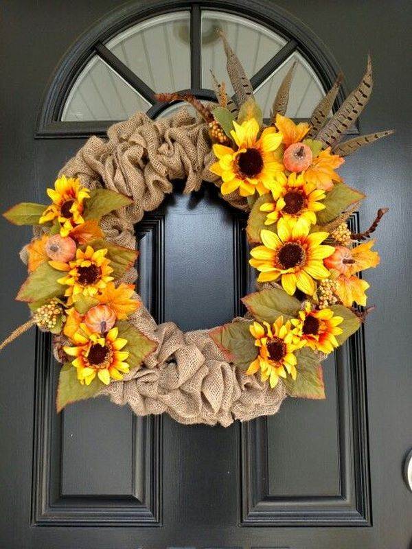 front door decorating ideas burlap wreath with sunflowers and feathers