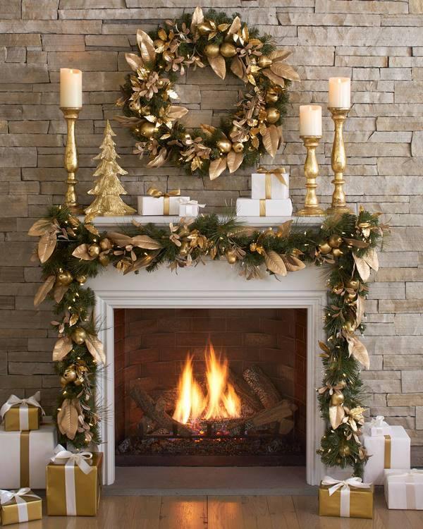 green and gold christmas decor ideas for fireplace