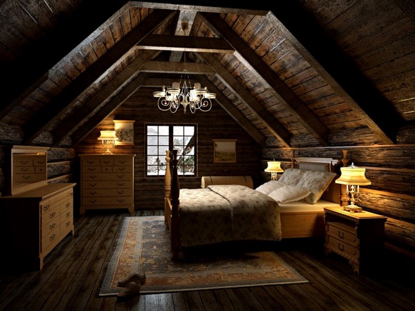 rustic style attic bedroom interior wood ceiling and exposed beams