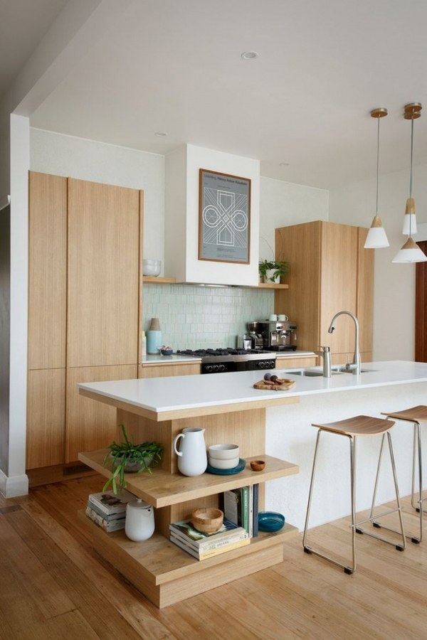 white kitchen island with seating and wooden open shelves
