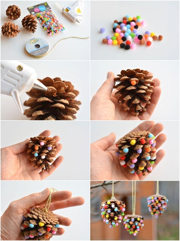 DIY Christmas kid crafts pinecone pom pom ornaments