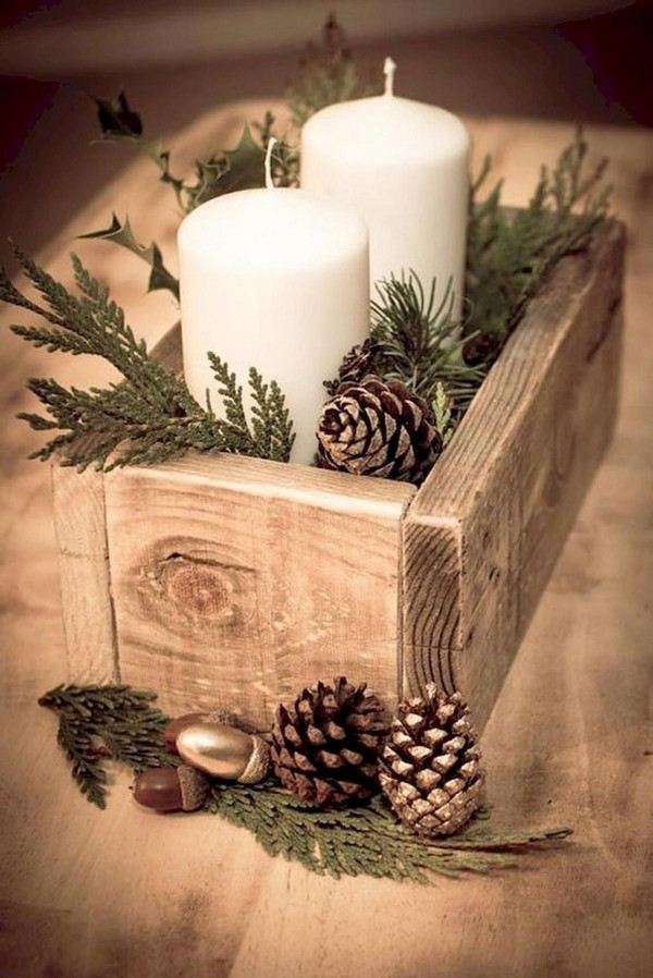 rustic christmas decor ideas wooden box pinecones candles