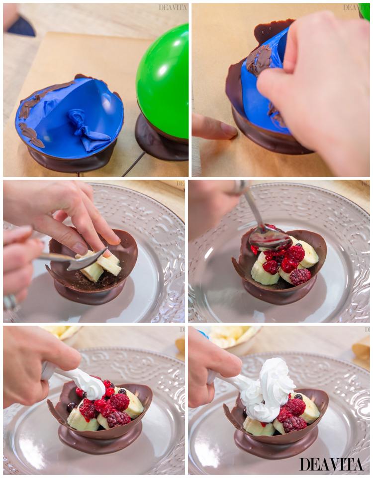DIY balloon chocolate bowl with fruits and whipped cream 