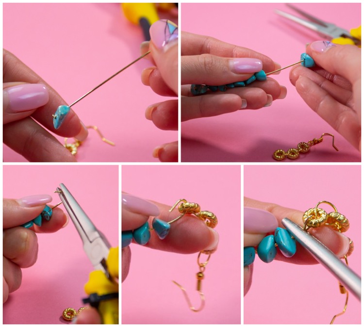 DIY earrings boho style gold and turquoise step by step tutorial