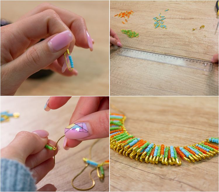 DIY ethnic neclace safety pins and seed beads tutorial