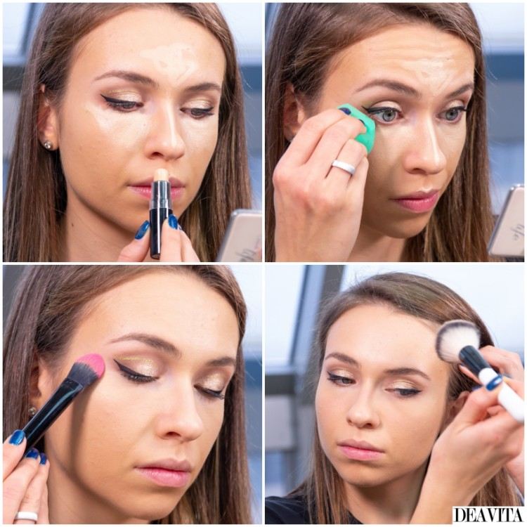 DIY makeup tutorial applying concealer blush and powder