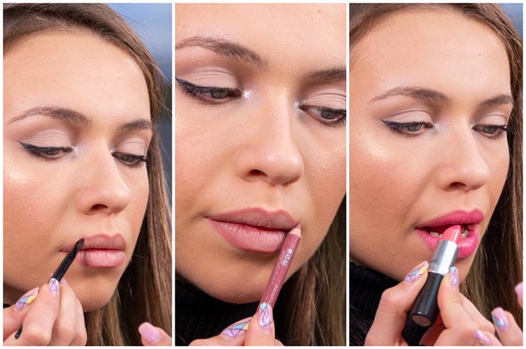 Line the lips with nude lip liner and apply lipstick
