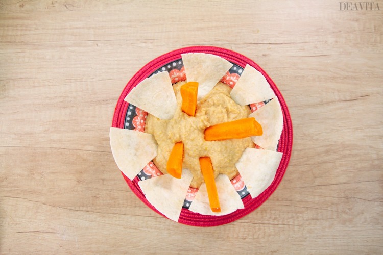 Red lentil dip with tortilla and carrot sticks kids party ideas