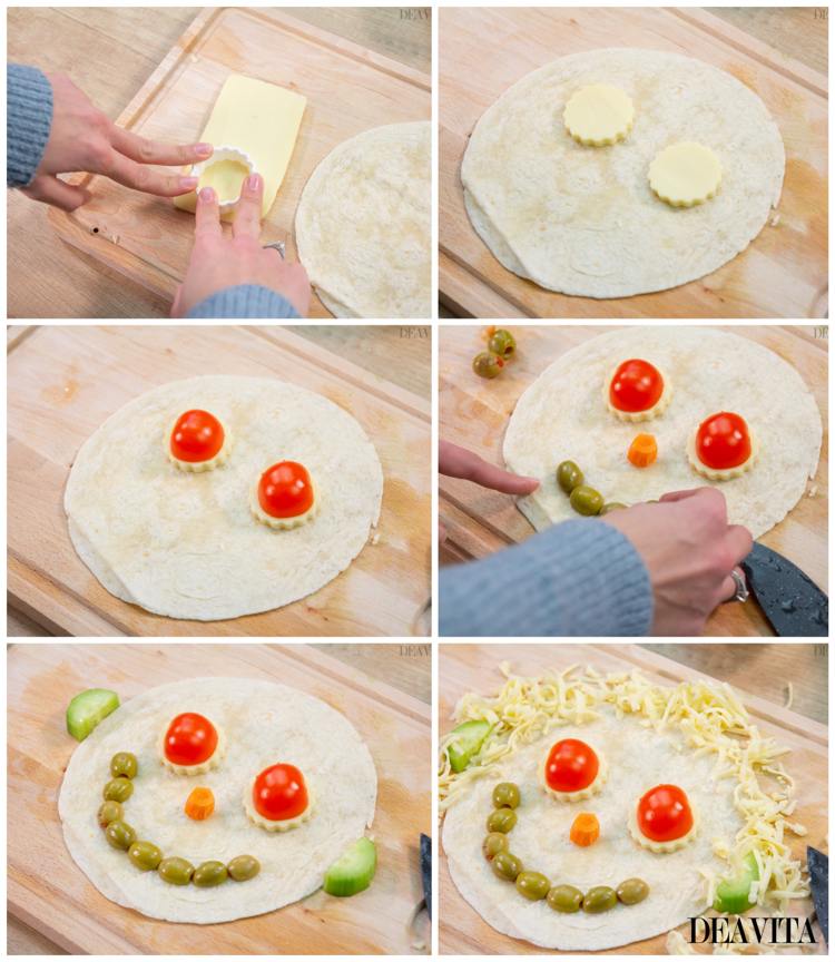 Tortilla Faces with vegetables and cheese finger food ideas for kids party