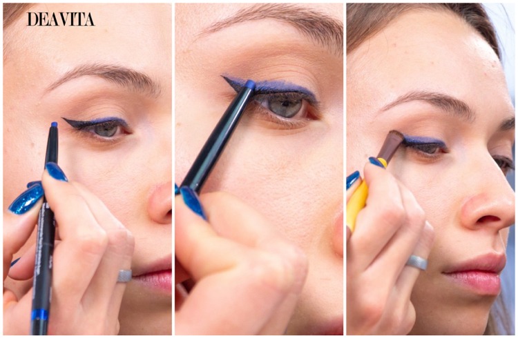 blue eyeliner along the eye lid for beautiful color accents