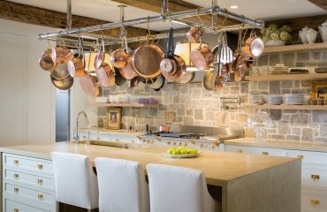 hanging-pot-racks-kitchen-design-stone-wall-open-selves