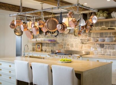 hanging-pot-racks-kitchen-design-stone-wall-open-selves