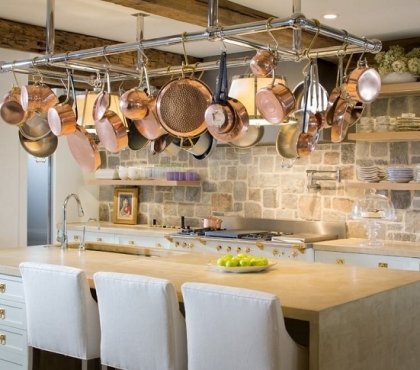 hanging-pot-racks-kitchen-design-stone-wall-open-selves