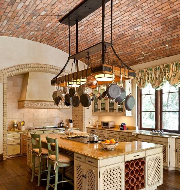 hanging pots and pans rack rustic kitchen design ideas brick ceiling 