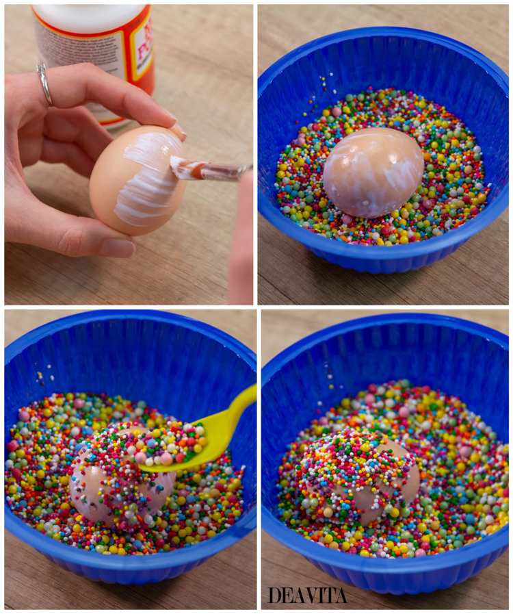 how to decorate Easter eggs with sprinkles step by step tutorial