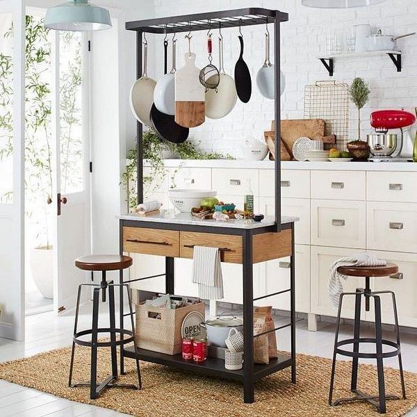 small kitchen island with rack and open storage shelve