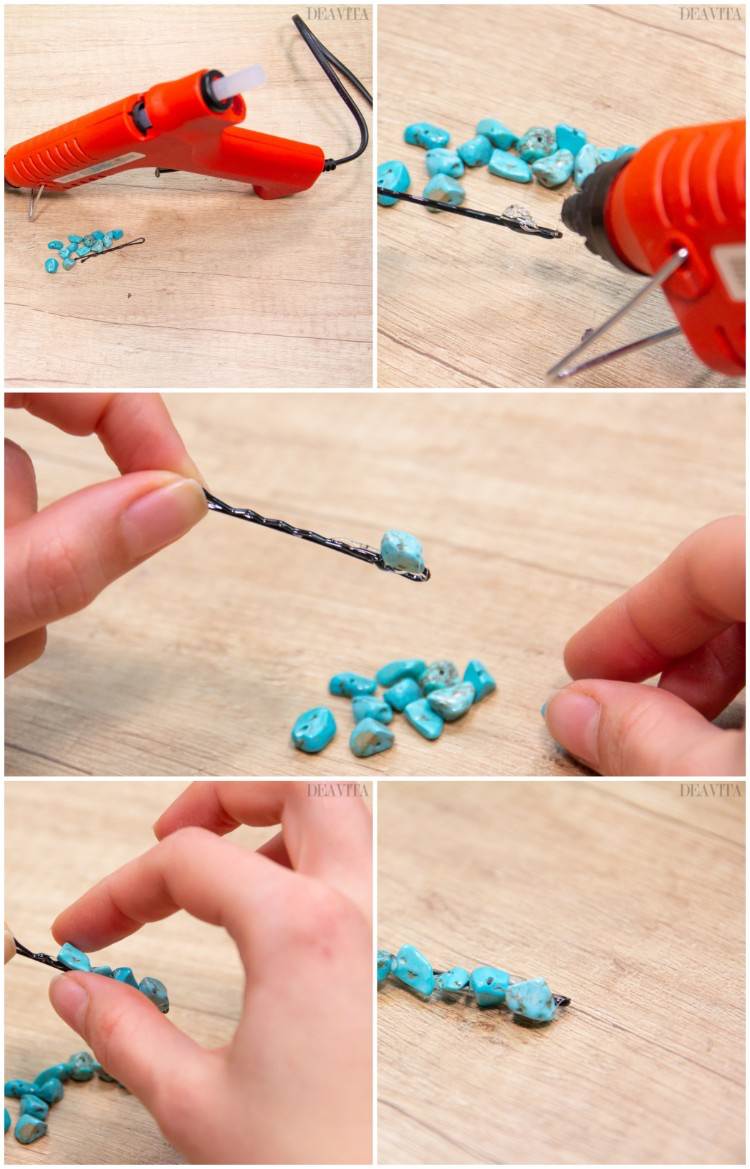 DIY Turquoise gemstone hairpin tutorial kids craft ideas 