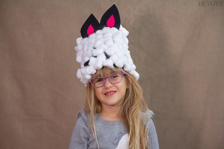 DIY lamb hat with cotton balls and felt
