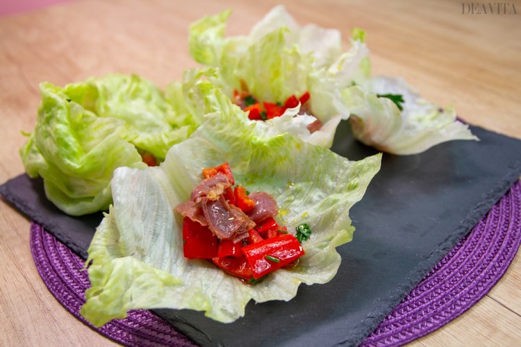 Iceberg leaves with prosciutto and red pepper