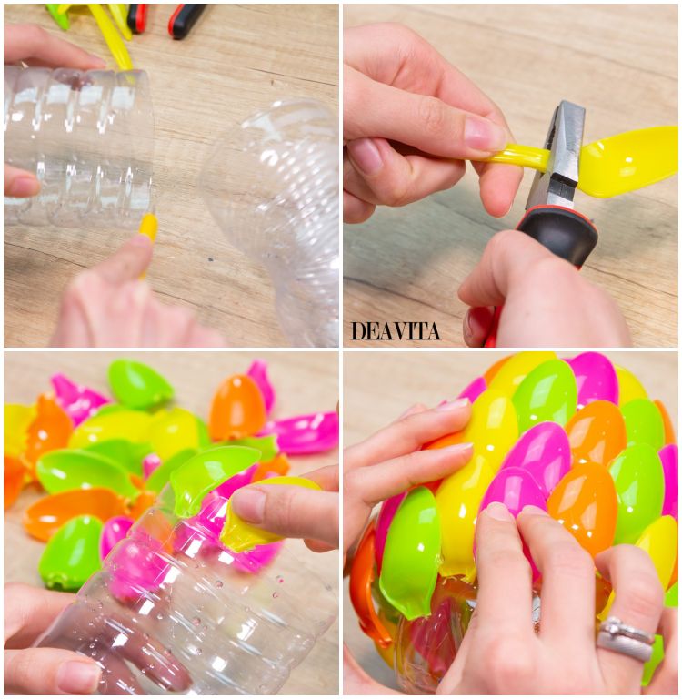 How to make a vase from plastic bottle and plastic spoons tutorial