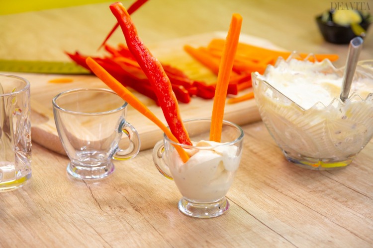 Party Snacks Carrot and red pepper with mayonnaise dip