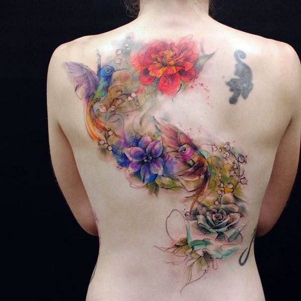 awesome back tattoo hummingbirds and flowers